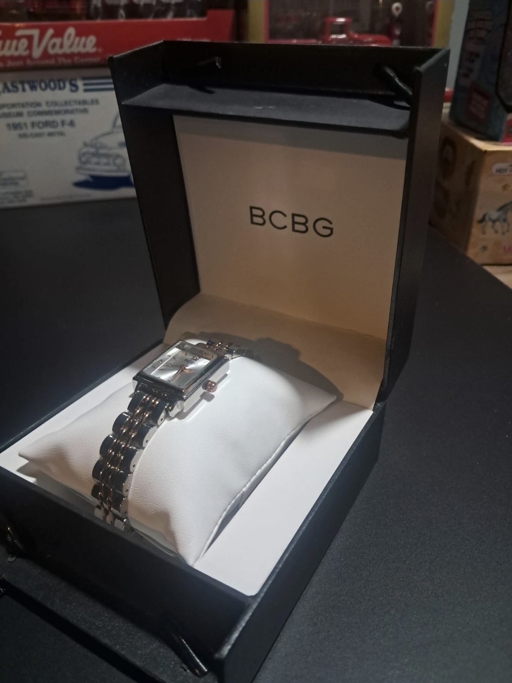 BCBG Women's Silver Rectangle Analog Dress Watch Metal Bracelet Original Box